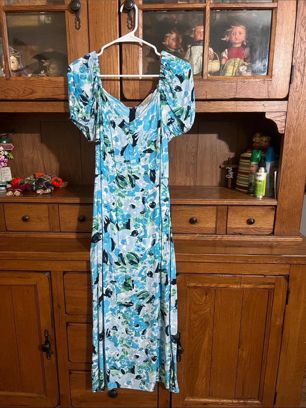 LOFT Blue Floral Puff-Sleeve Maxi Dress